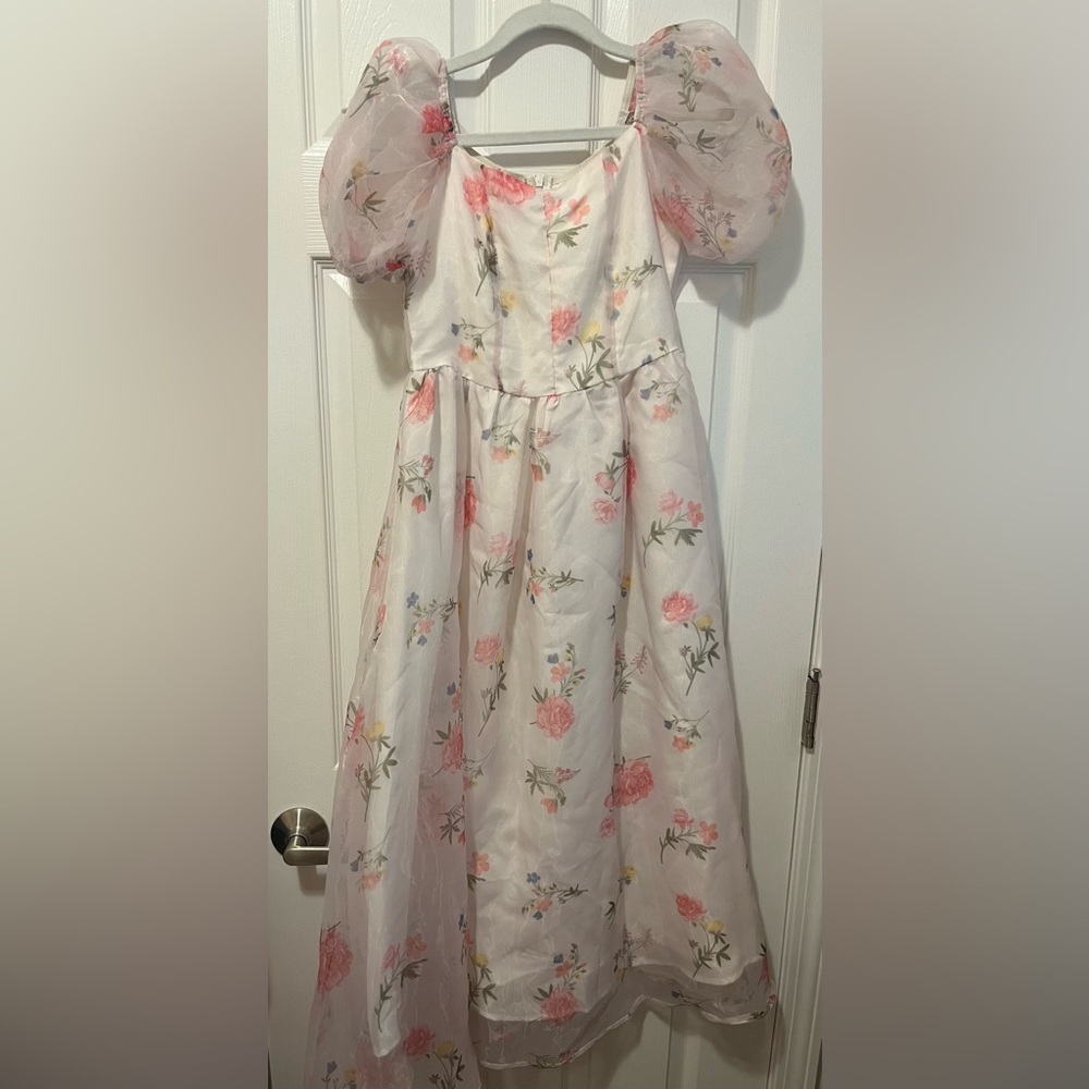 Floral Organza Puff Sleeve Midi Dress - Size 15Y / XS
